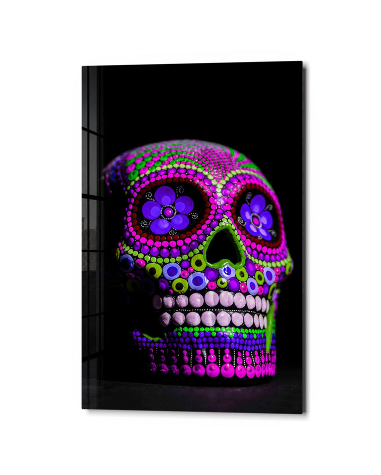 Neon Dotted Sugar Skull glass wall art, studio view