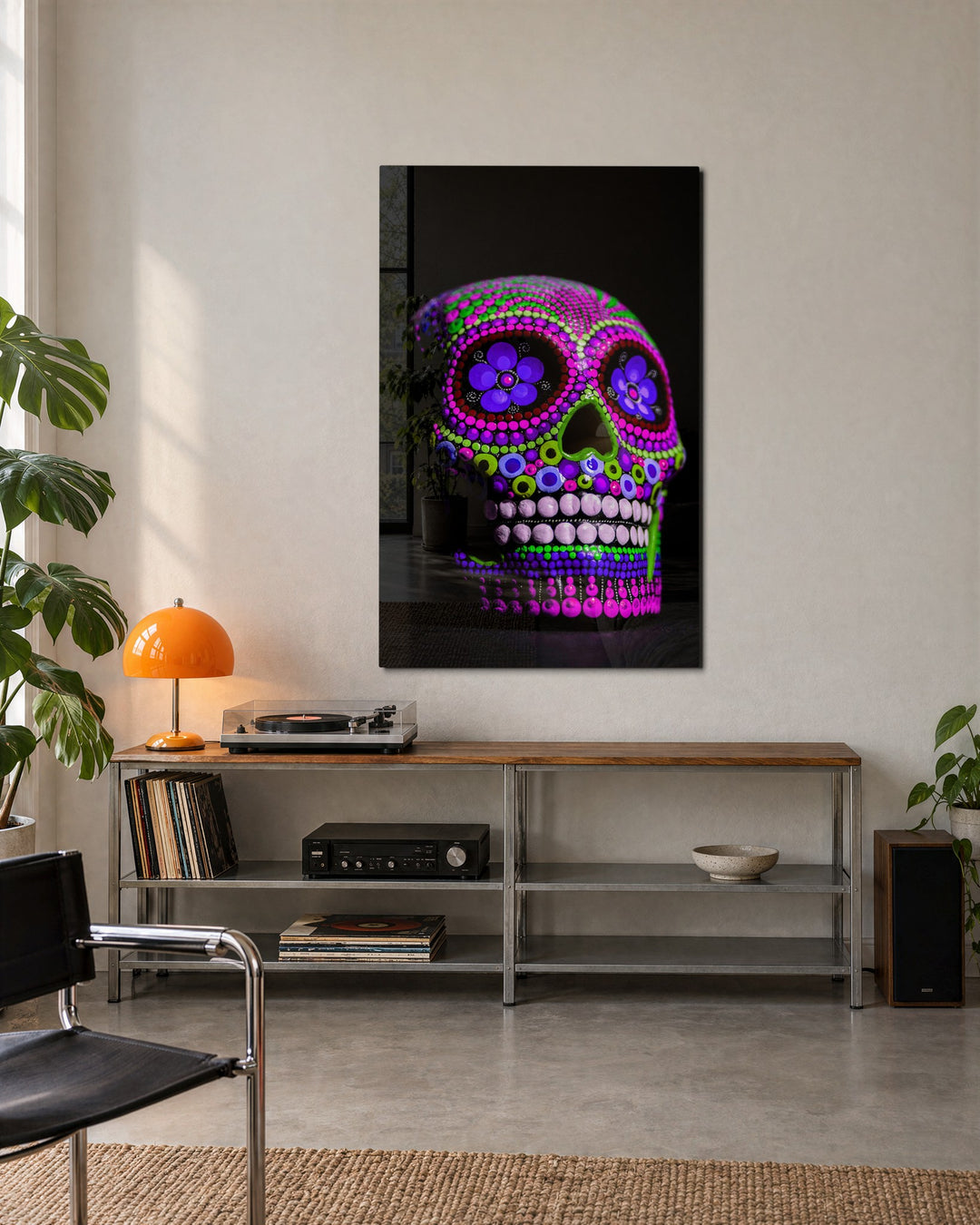 Neon Dotted Sugar Skull glass wall art, lifestyle view