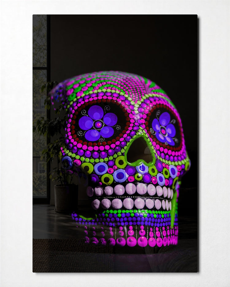Neon Dotted Sugar Skull glass wall art, front view