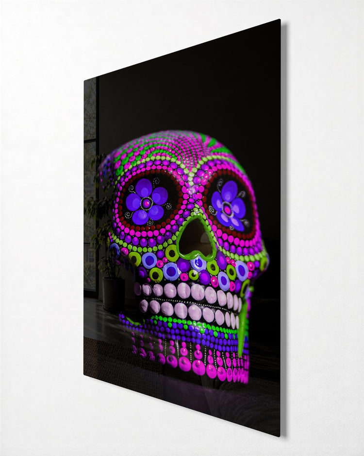 Neon Dotted Sugar Skull glass wall art, side view