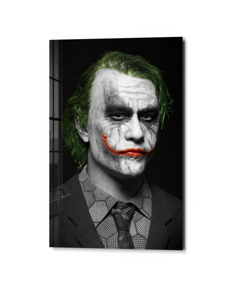 Clown-Faced Villain Portrait glass wall art, studio view