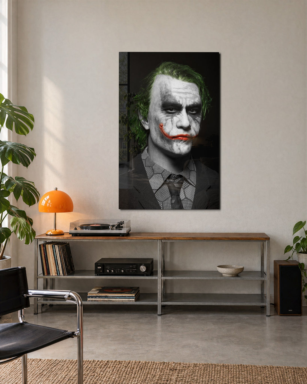 Clown-Faced Villain Portrait glass wall art, lifestyle view