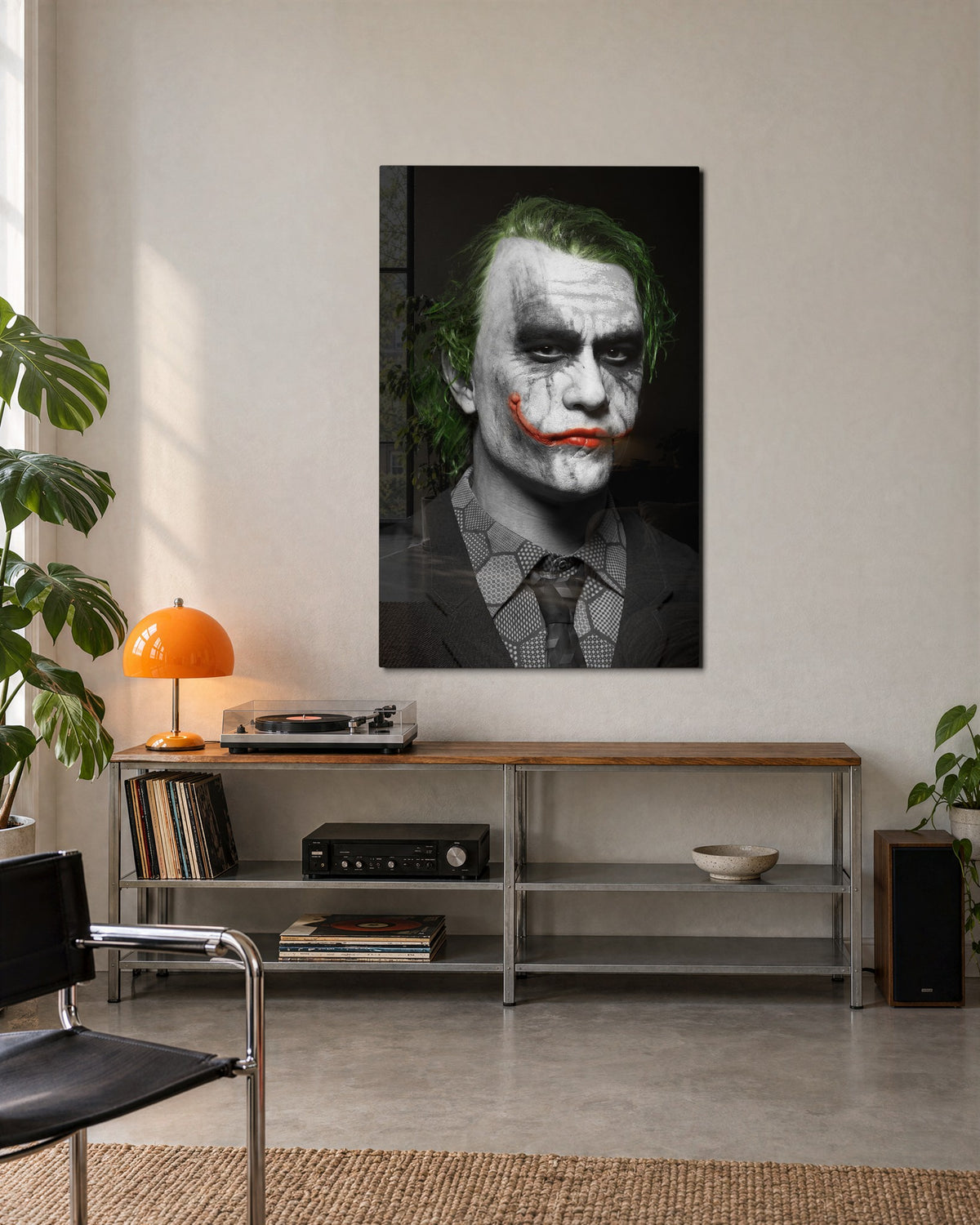 Clown-Faced Villain Portrait glass wall art, lifestyle view