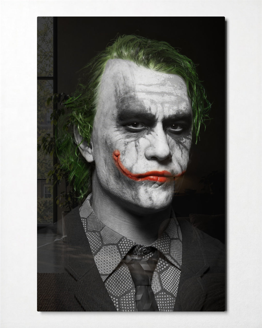 Clown-Faced Villain Portrait glass wall art, front view