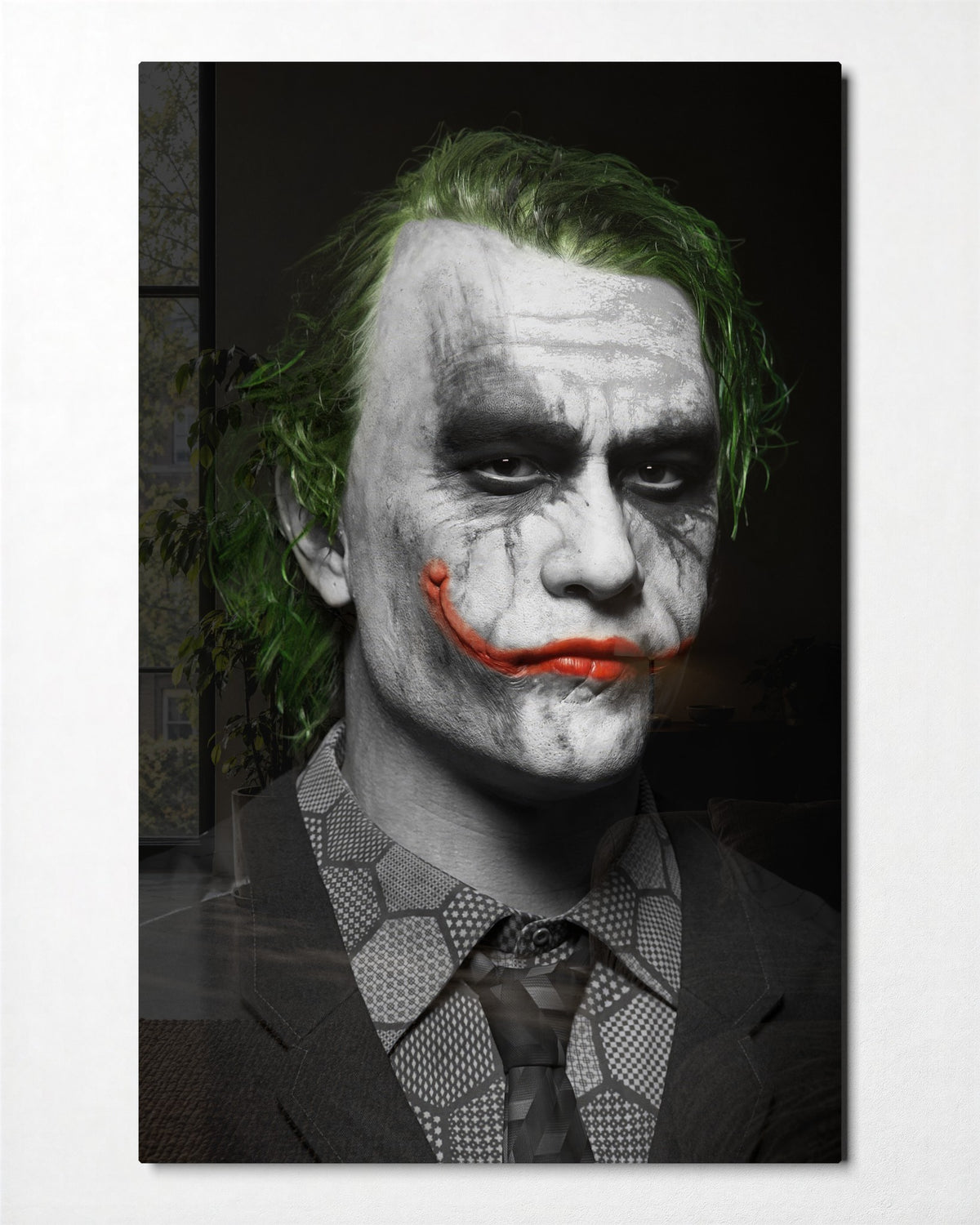 Clown-Faced Villain Portrait glass wall art, front view