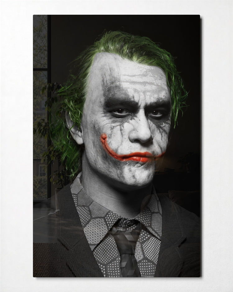 Clown-Faced Villain Portrait glass wall art, front view