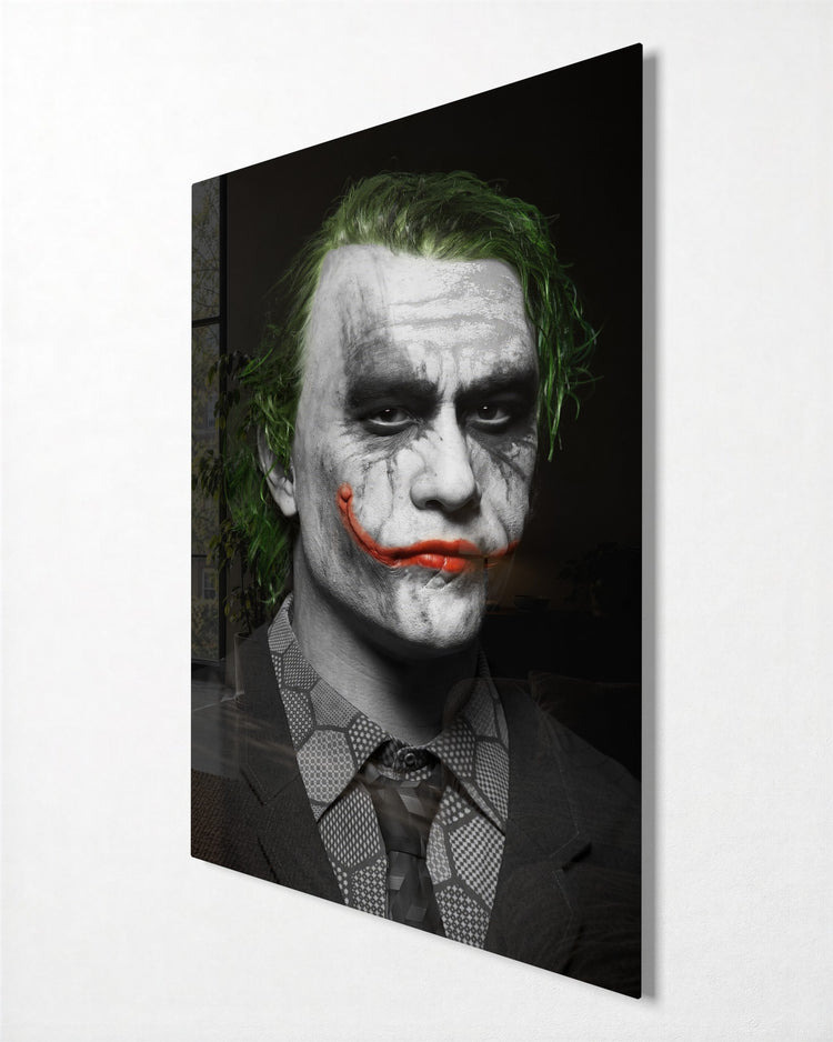 Clown-Faced Villain Portrait glass wall art, side view