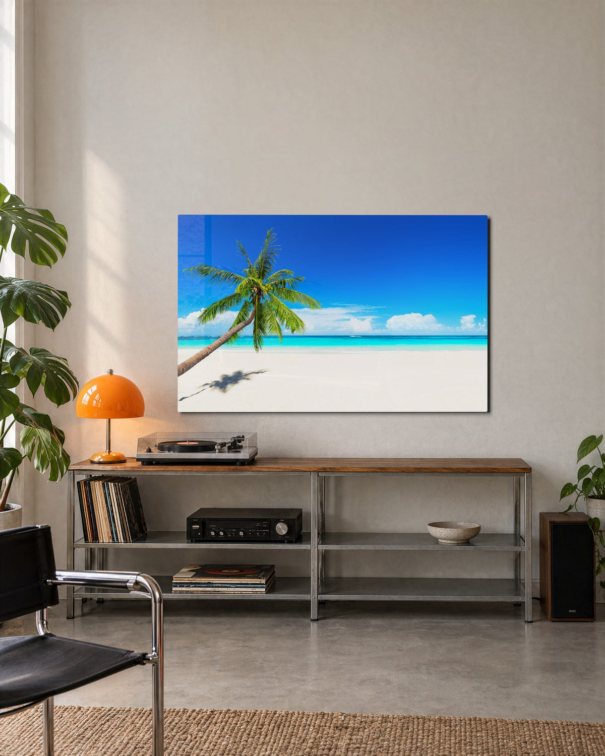 Palm Leaning Over the Sand glass wall art, lifestyle view