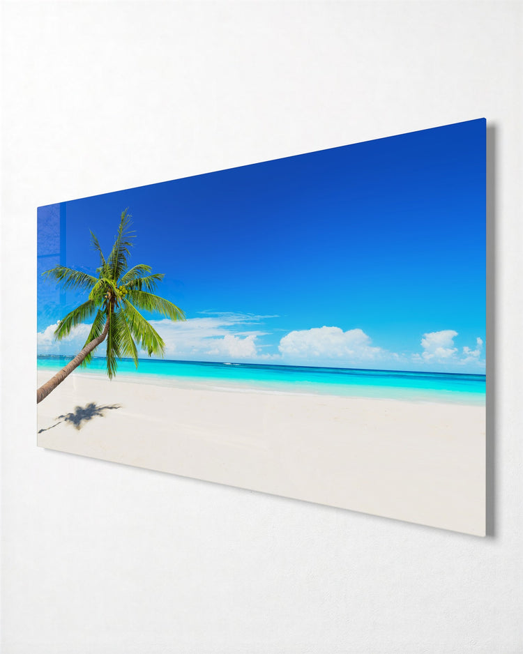 Palm Leaning Over the Sand glass wall art, side view