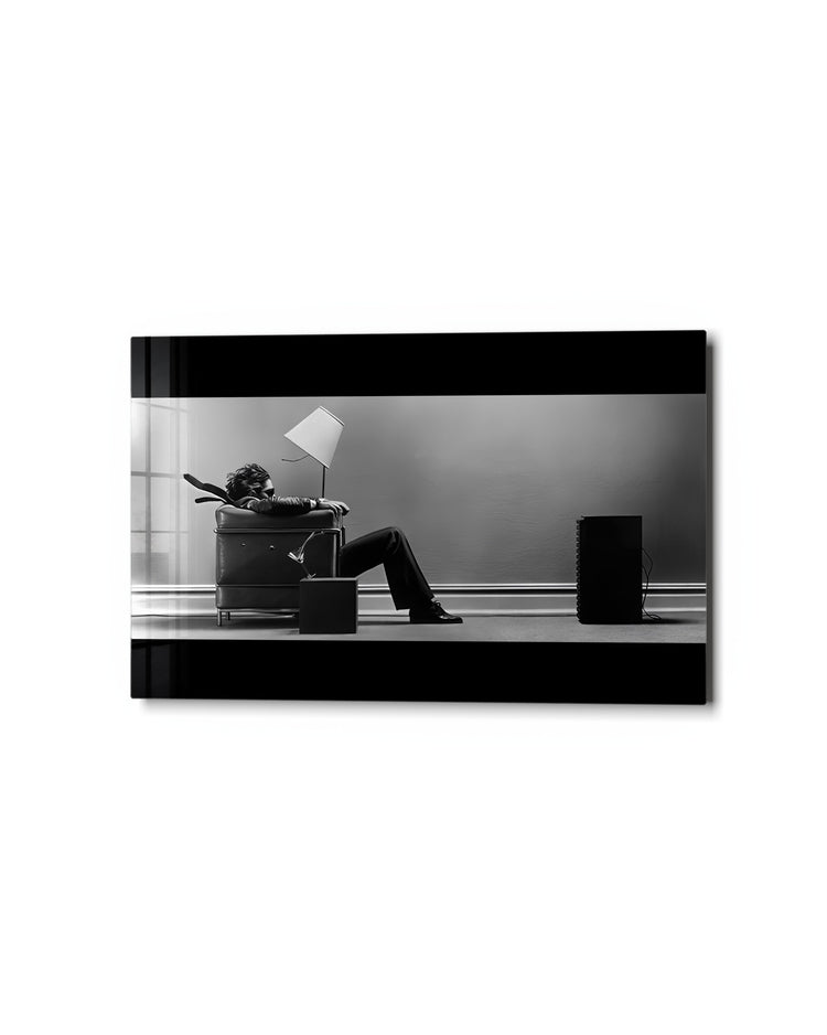 Blown Back by the Bass glass wall art, studio view