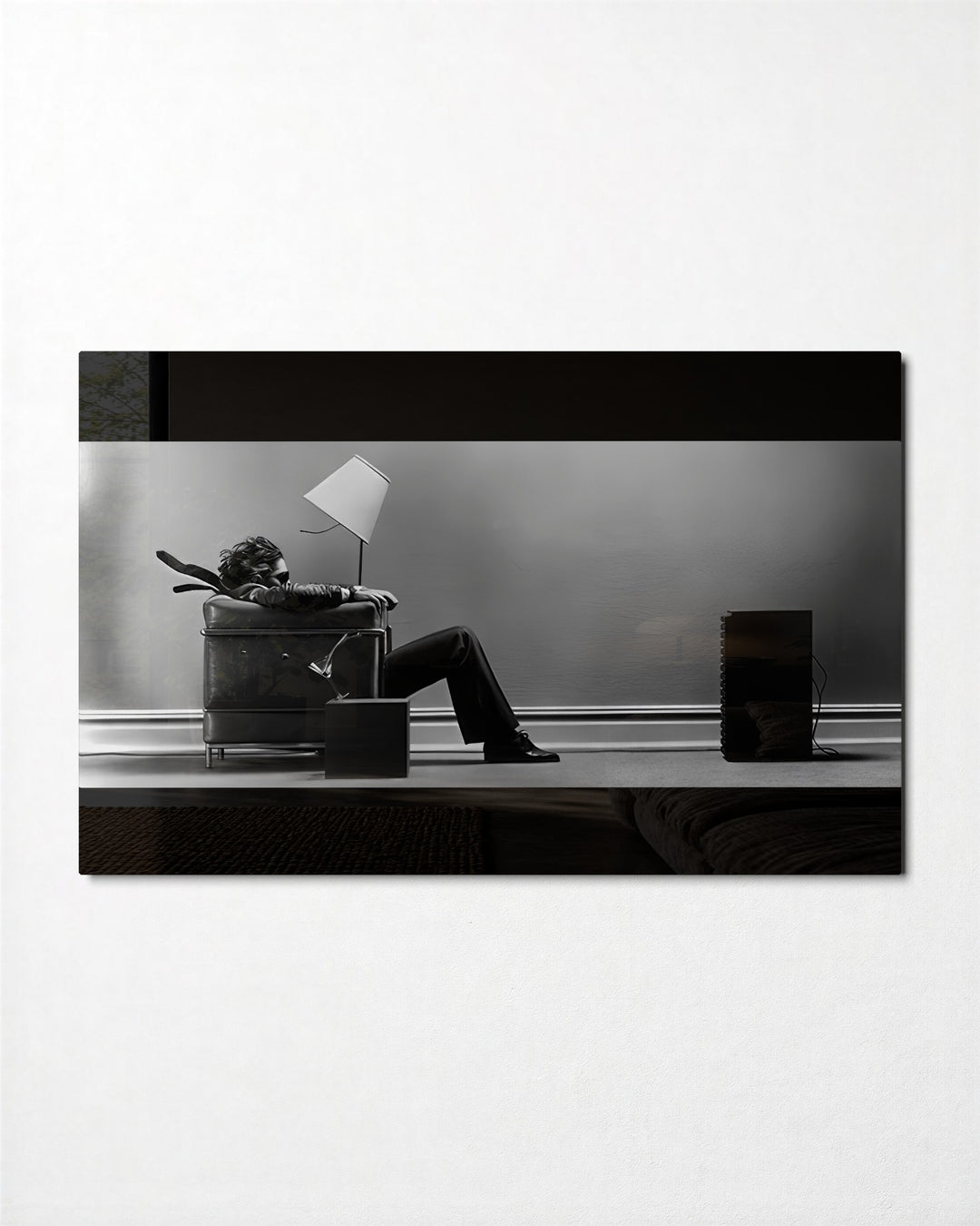 Blown Back by the Bass glass wall art, front view