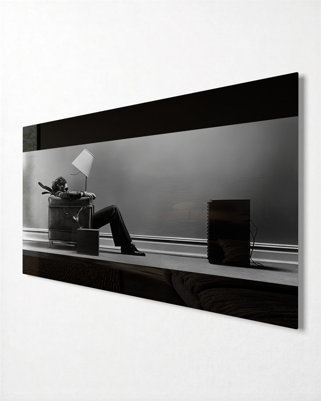 Blown Back by the Bass glass wall art, side view