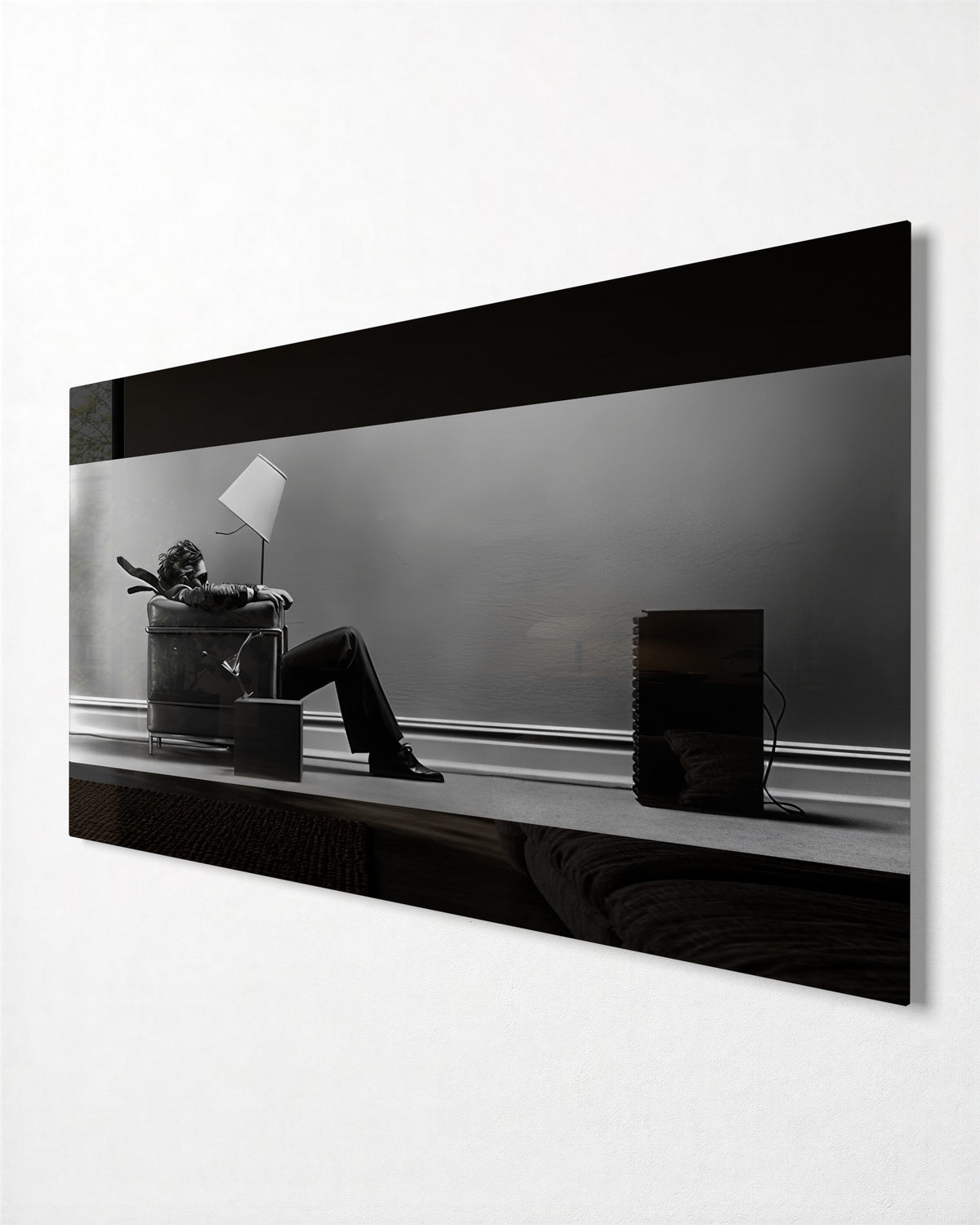 Blown Back by the Bass glass wall art, side view