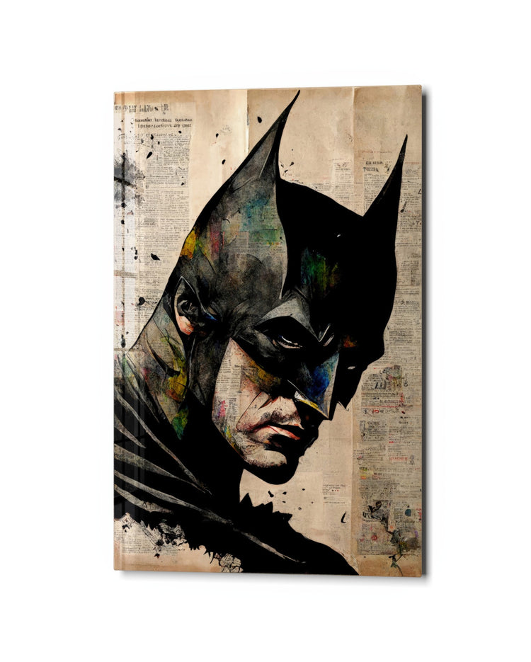Masked Vigilante on Newsprint glass wall art, studio view