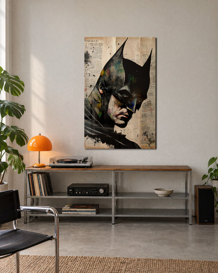Masked Vigilante on Newsprint glass wall art, lifestyle view