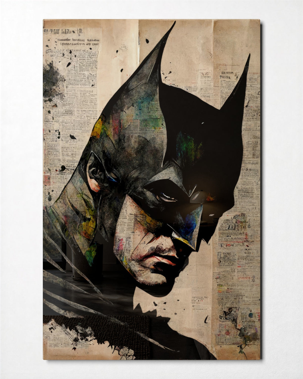 Masked Vigilante on Newsprint glass wall art, front view