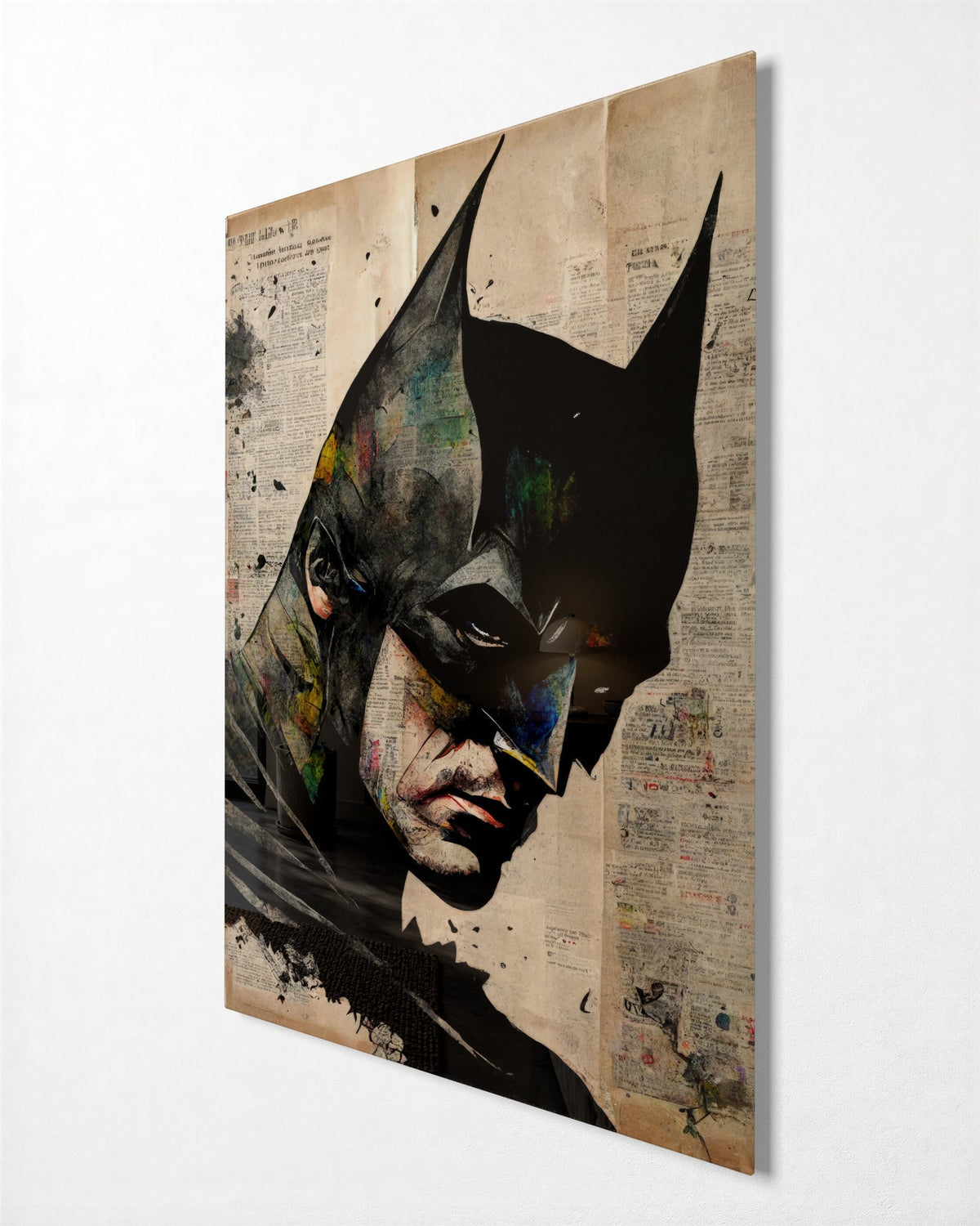 Masked Vigilante on Newsprint glass wall art, side view