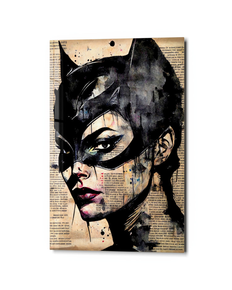 Cat-Eared Mask on Newsprint glass wall art, studio view