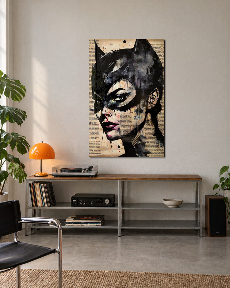 Cat-Eared Mask on Newsprint glass wall art, lifestyle view