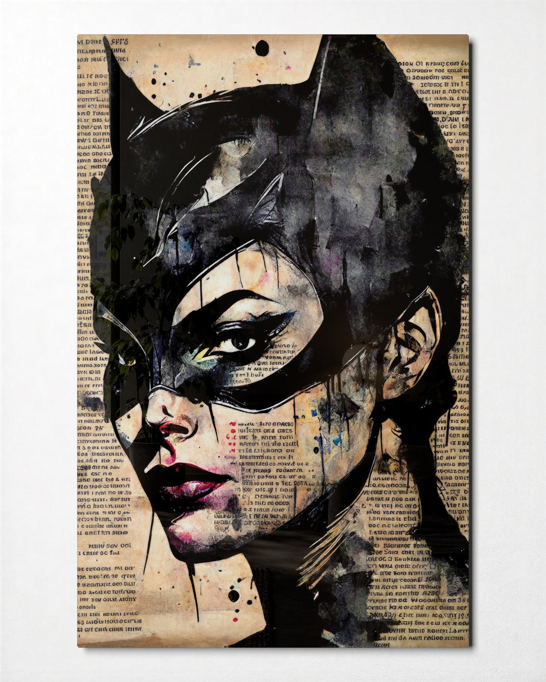 Cat-Eared Mask on Newsprint glass wall art, front view