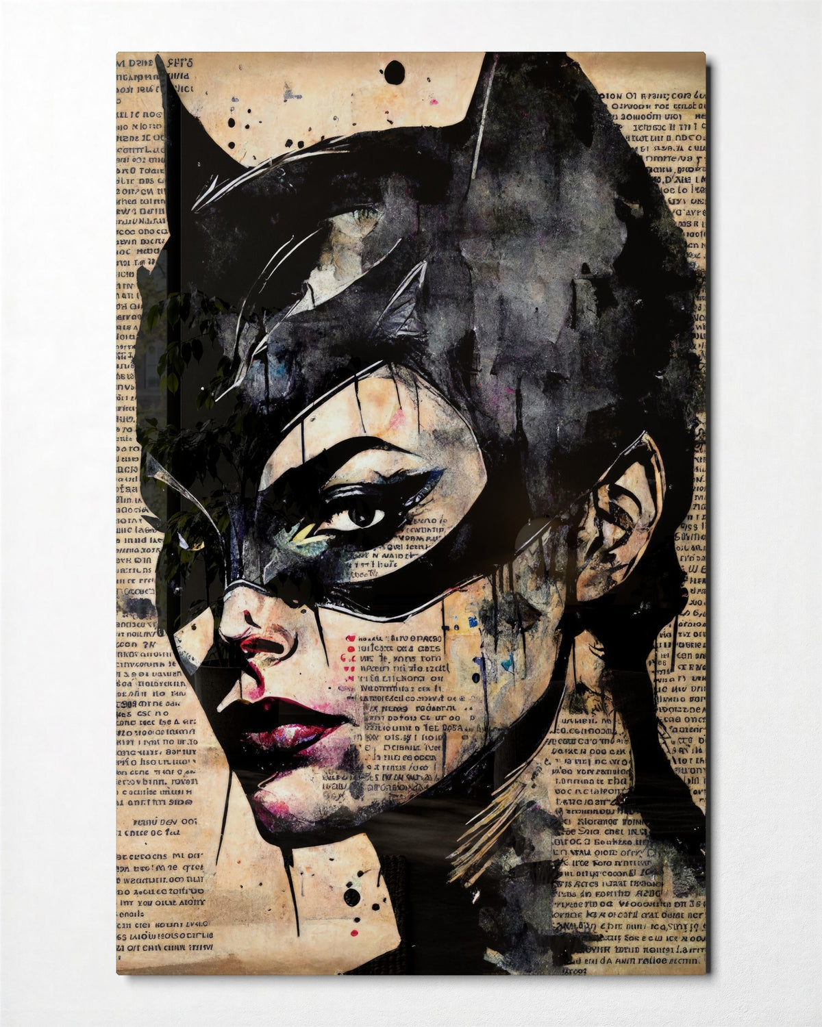 Cat-Eared Mask on Newsprint glass wall art, front view