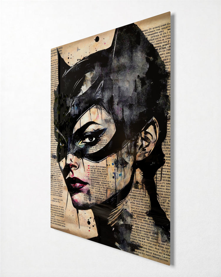 Cat-Eared Mask on Newsprint glass wall art, side view