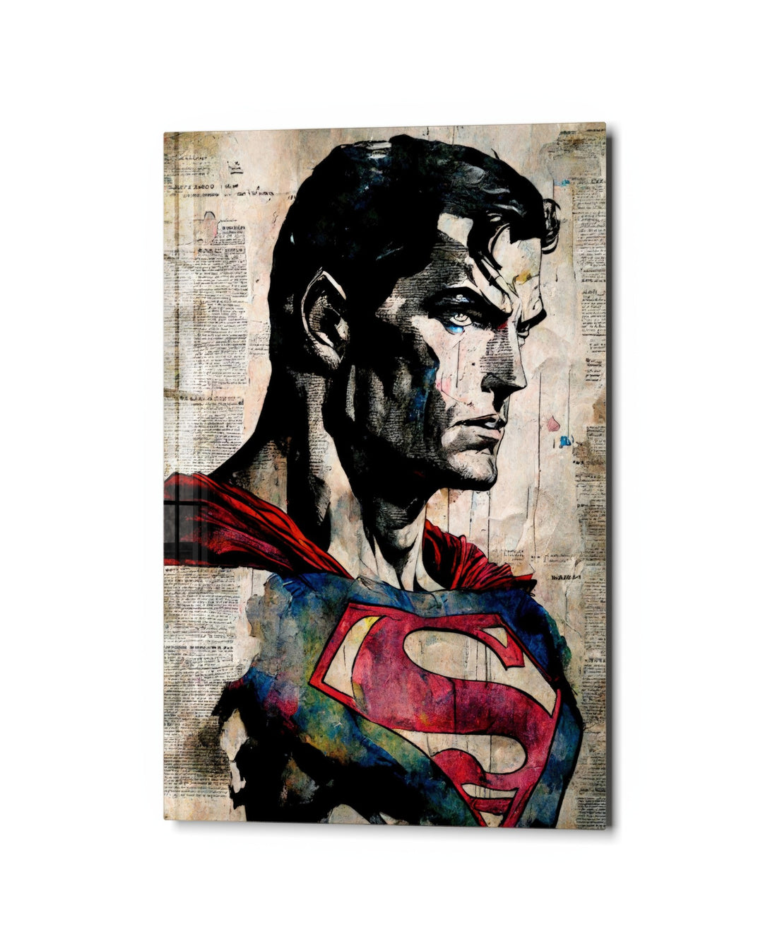Caped Hero on Newsprint glass wall art, studio view