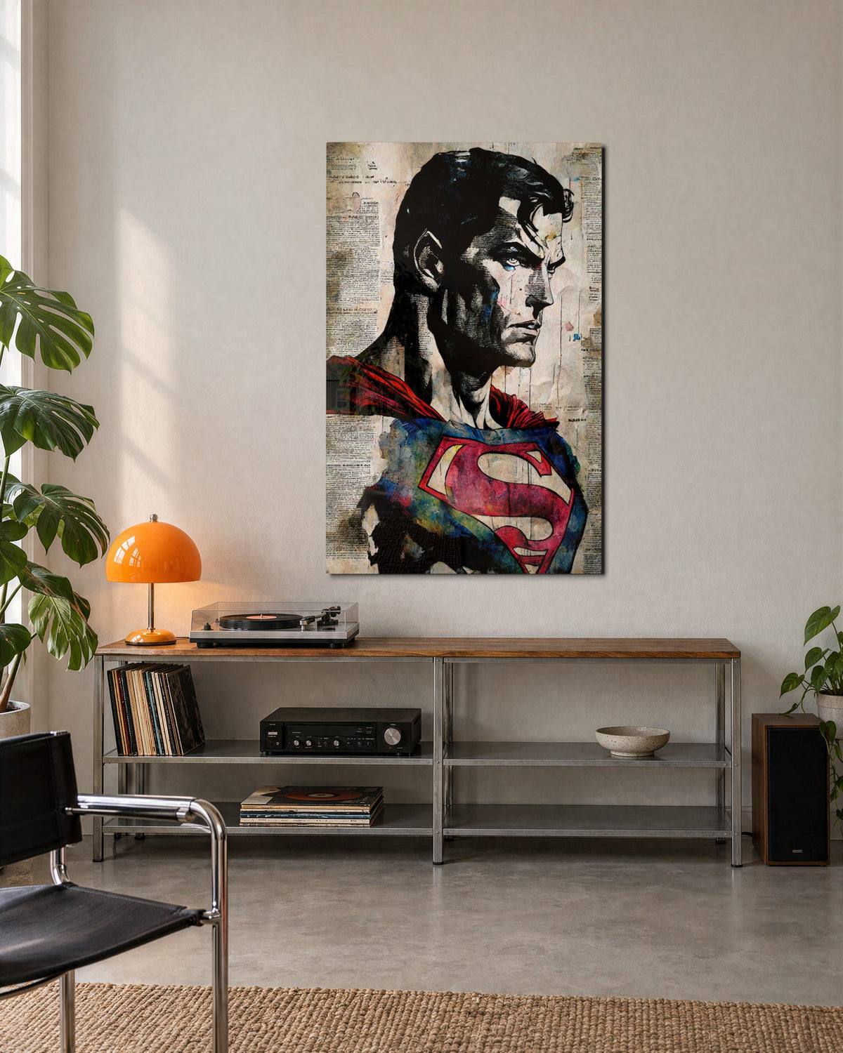 Caped Hero on Newsprint glass wall art, lifestyle view