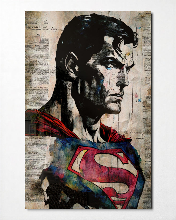 Caped Hero on Newsprint glass wall art, front view