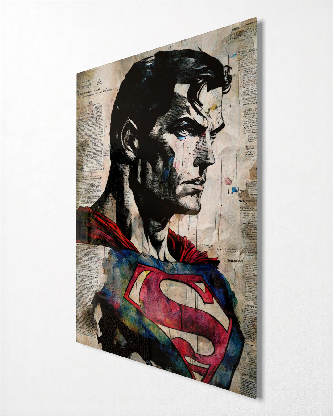 Caped Hero on Newsprint glass wall art, side view