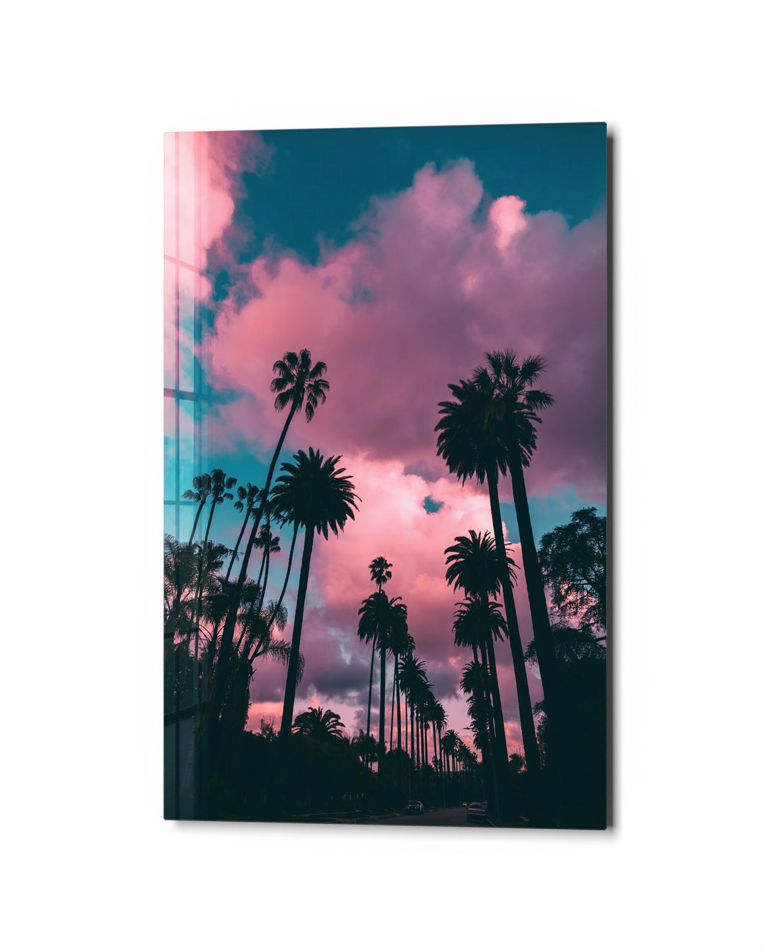 Palms Under Pink Clouds glass wall art, studio view