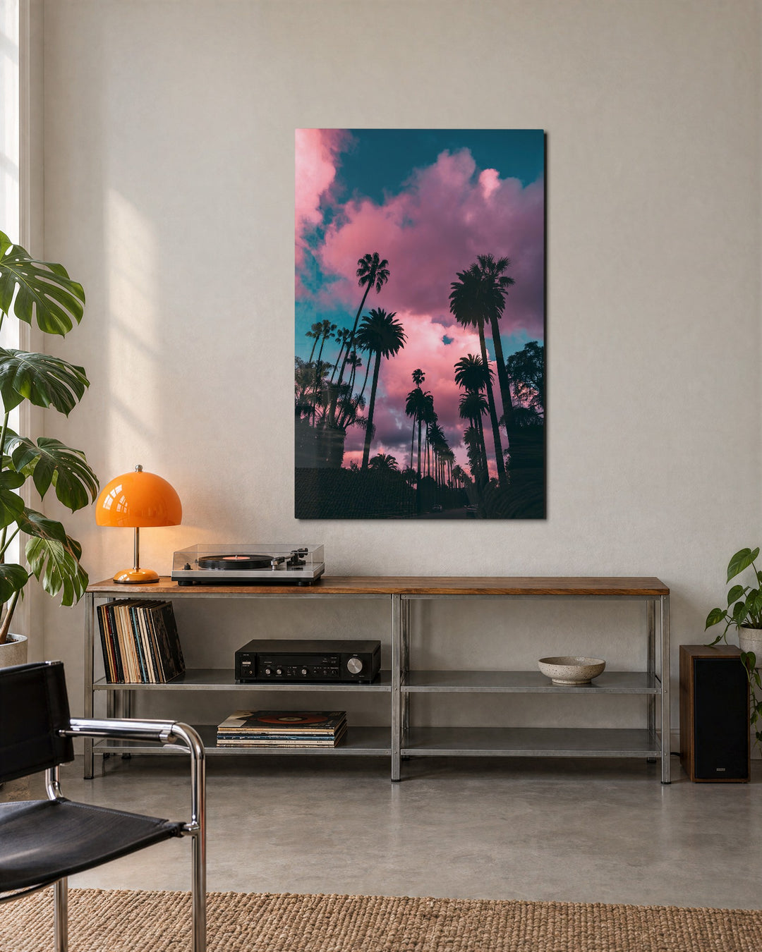 Palms Under Pink Clouds glass wall art, lifestyle view