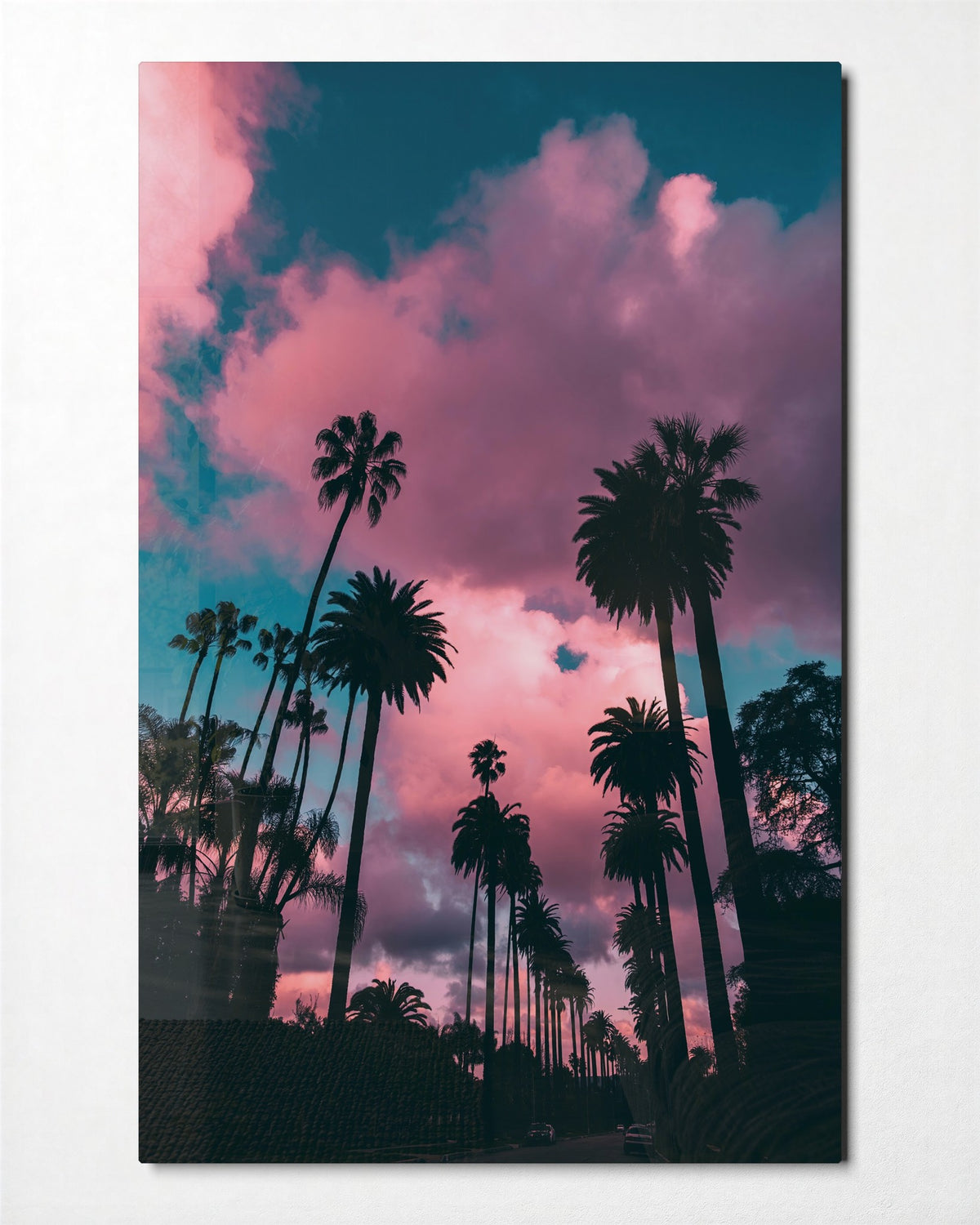 Palms Under Pink Clouds glass wall art, front view