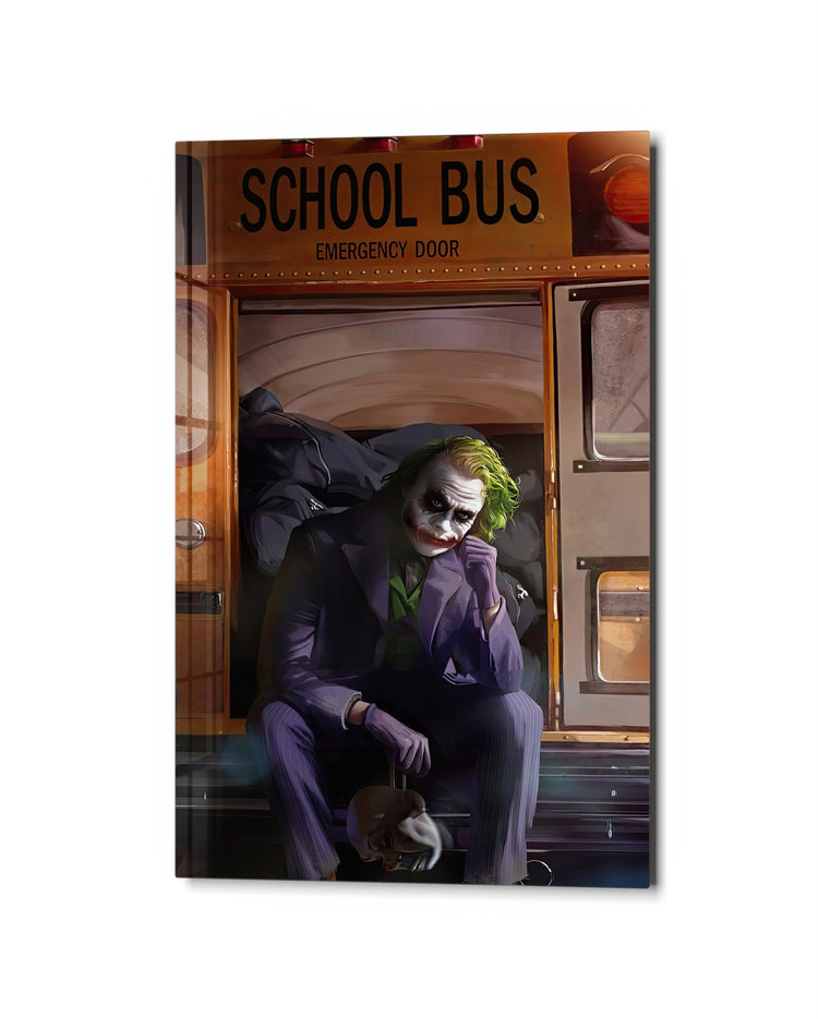 Villain on the School Bus Step glass wall art, studio view