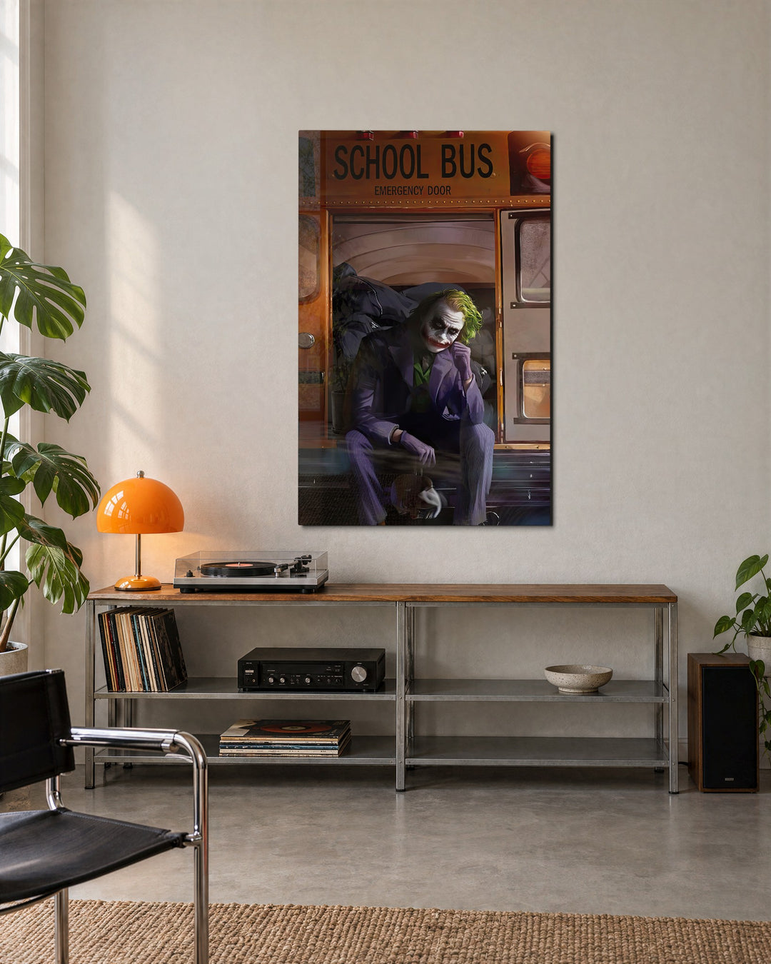 Villain on the School Bus Step glass wall art, lifestyle view