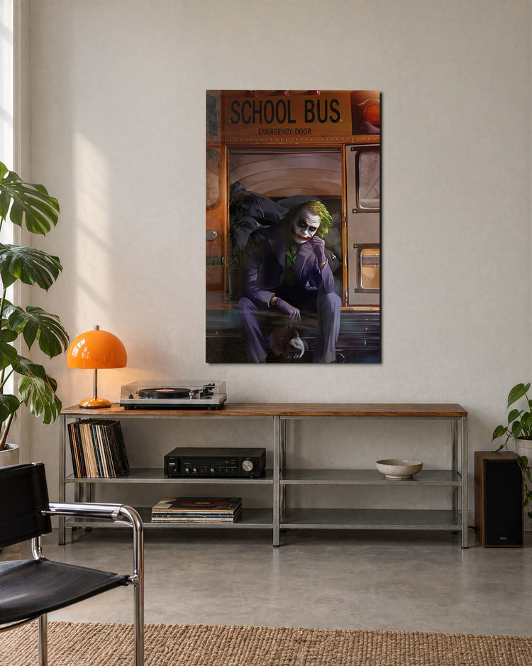 Villain on the School Bus Step glass wall art, lifestyle view