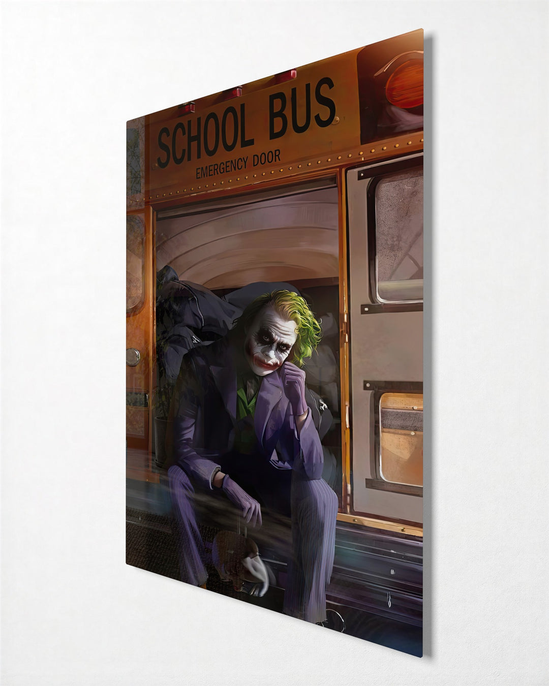 Villain on the School Bus Step glass wall art, side view