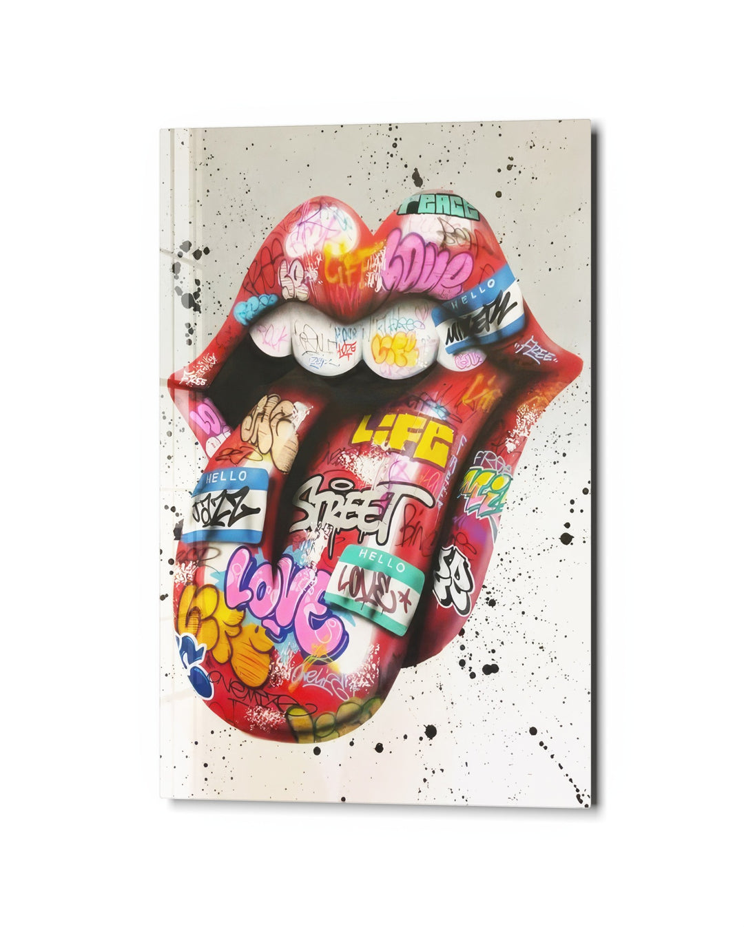 Sticker-Bombed Lips and Tongue glass wall art, studio view