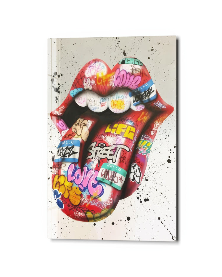 Sticker-Bombed Lips and Tongue glass wall art, studio view