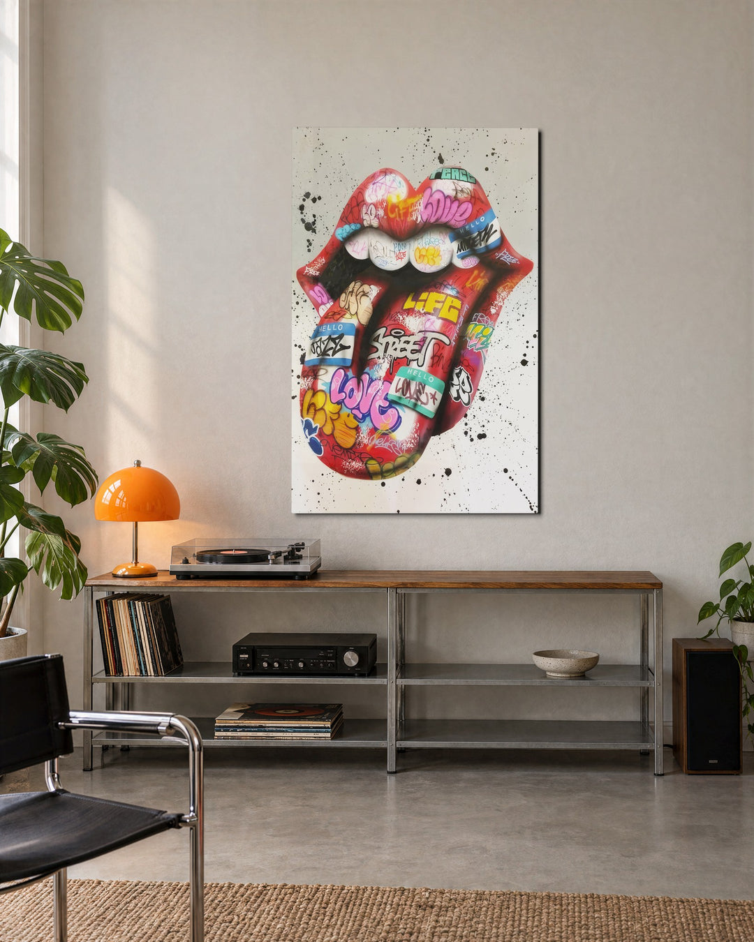 Sticker-Bombed Lips and Tongue glass wall art, lifestyle view