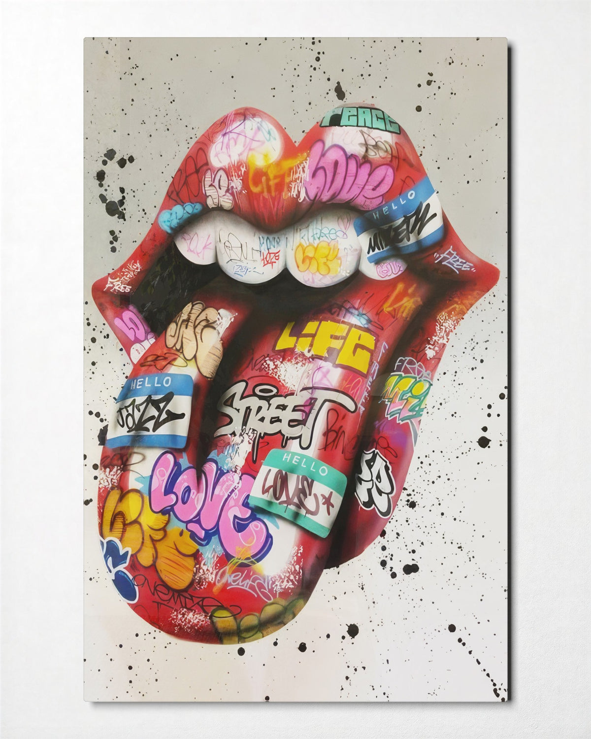 Sticker-Bombed Lips and Tongue glass wall art, front view