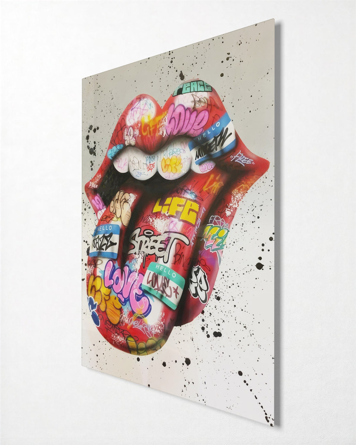 Sticker-Bombed Lips and Tongue glass wall art, side view