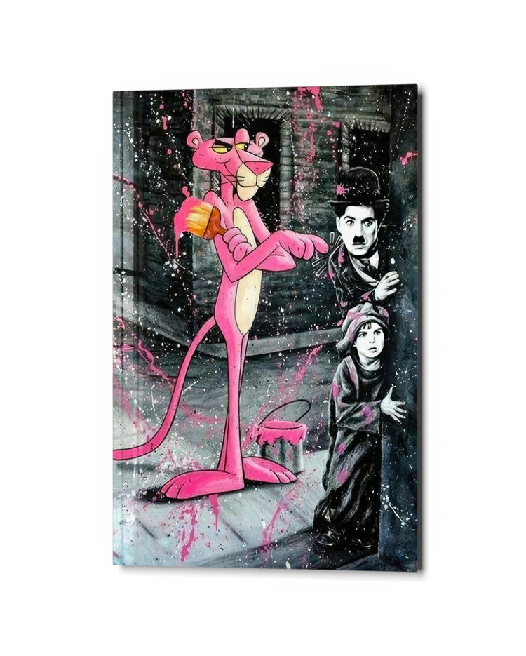 Pink Cat and the Tramp glass wall art, studio view