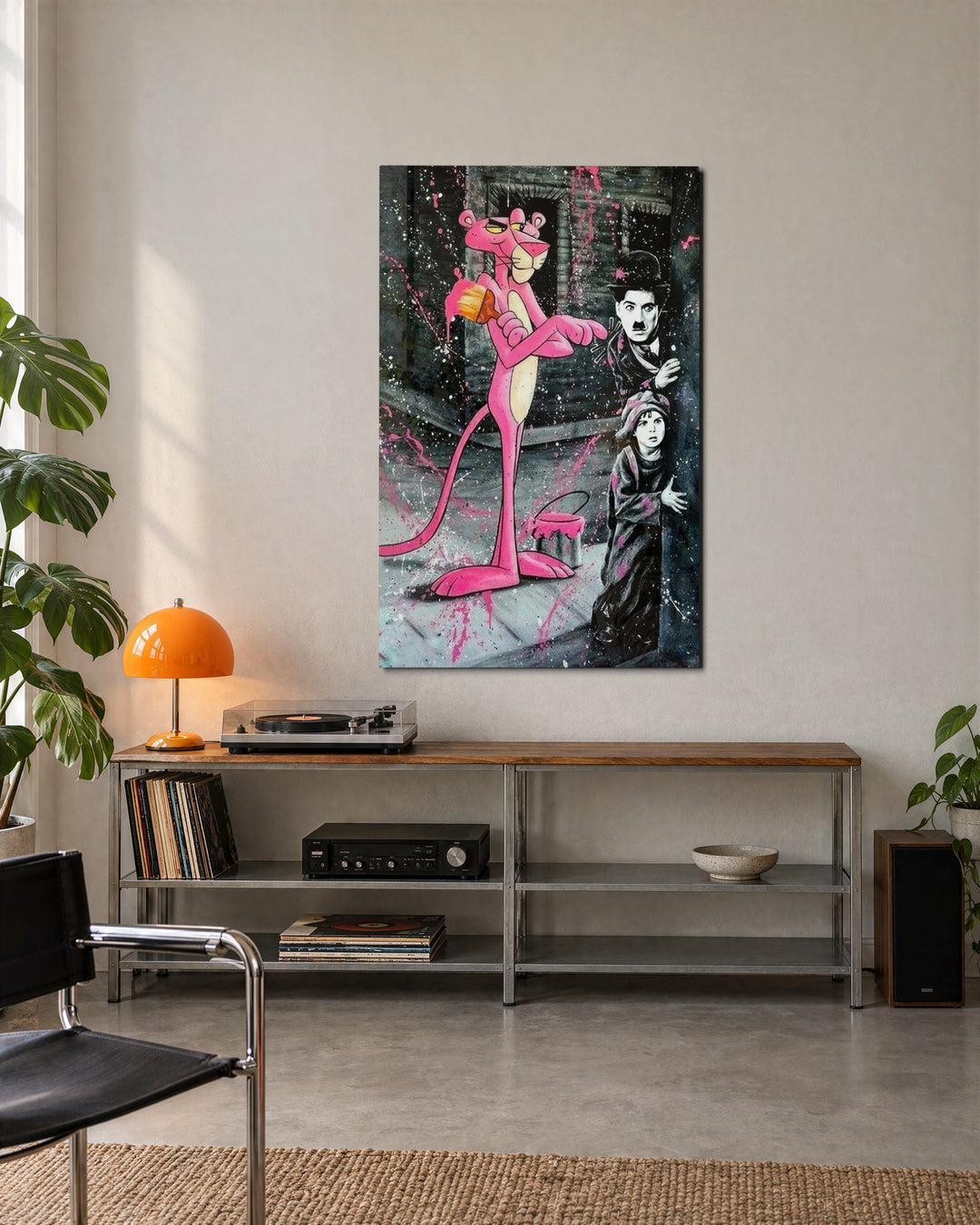 Pink Cat and the Tramp glass wall art, lifestyle view