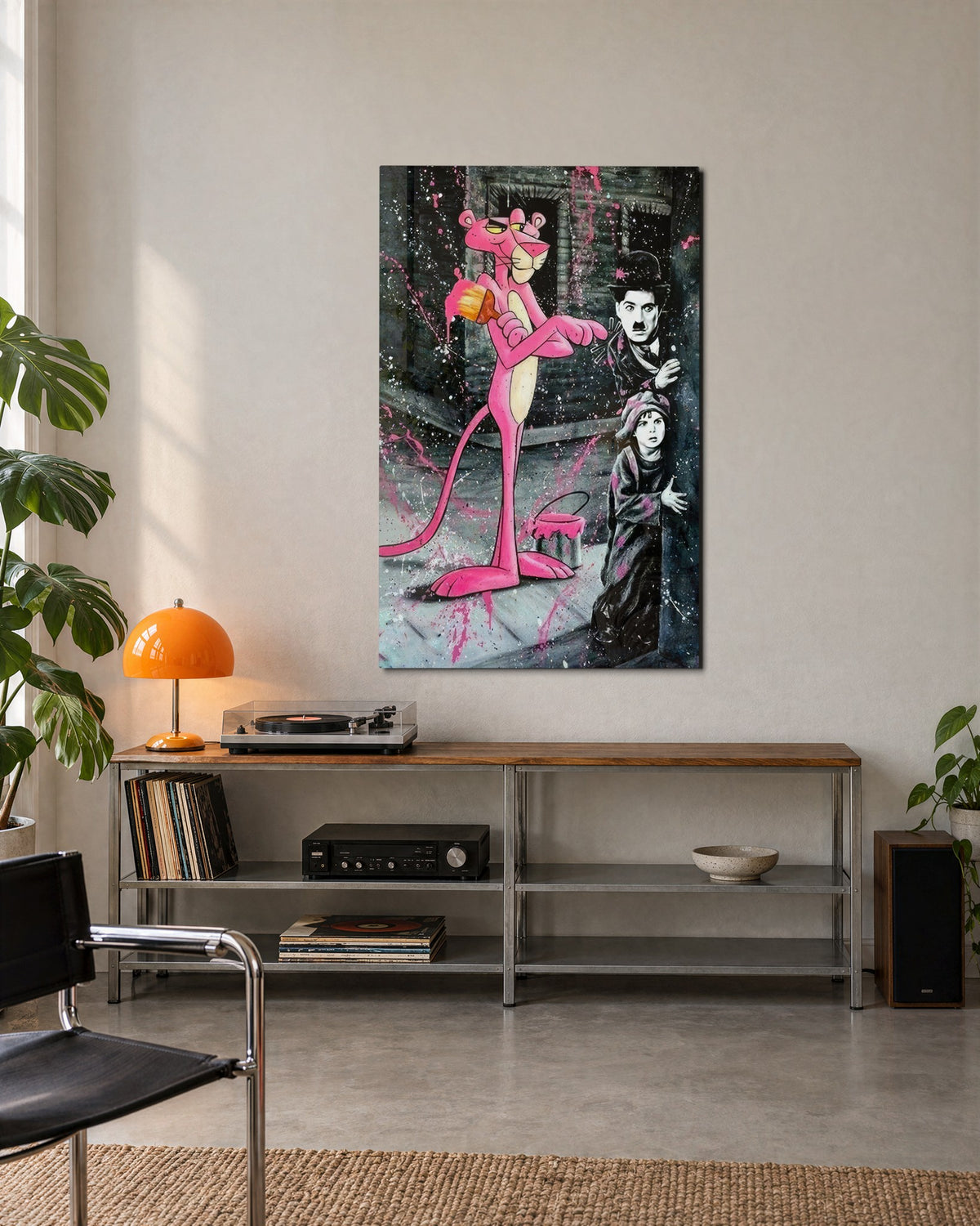 Pink Cat and the Tramp glass wall art, lifestyle view