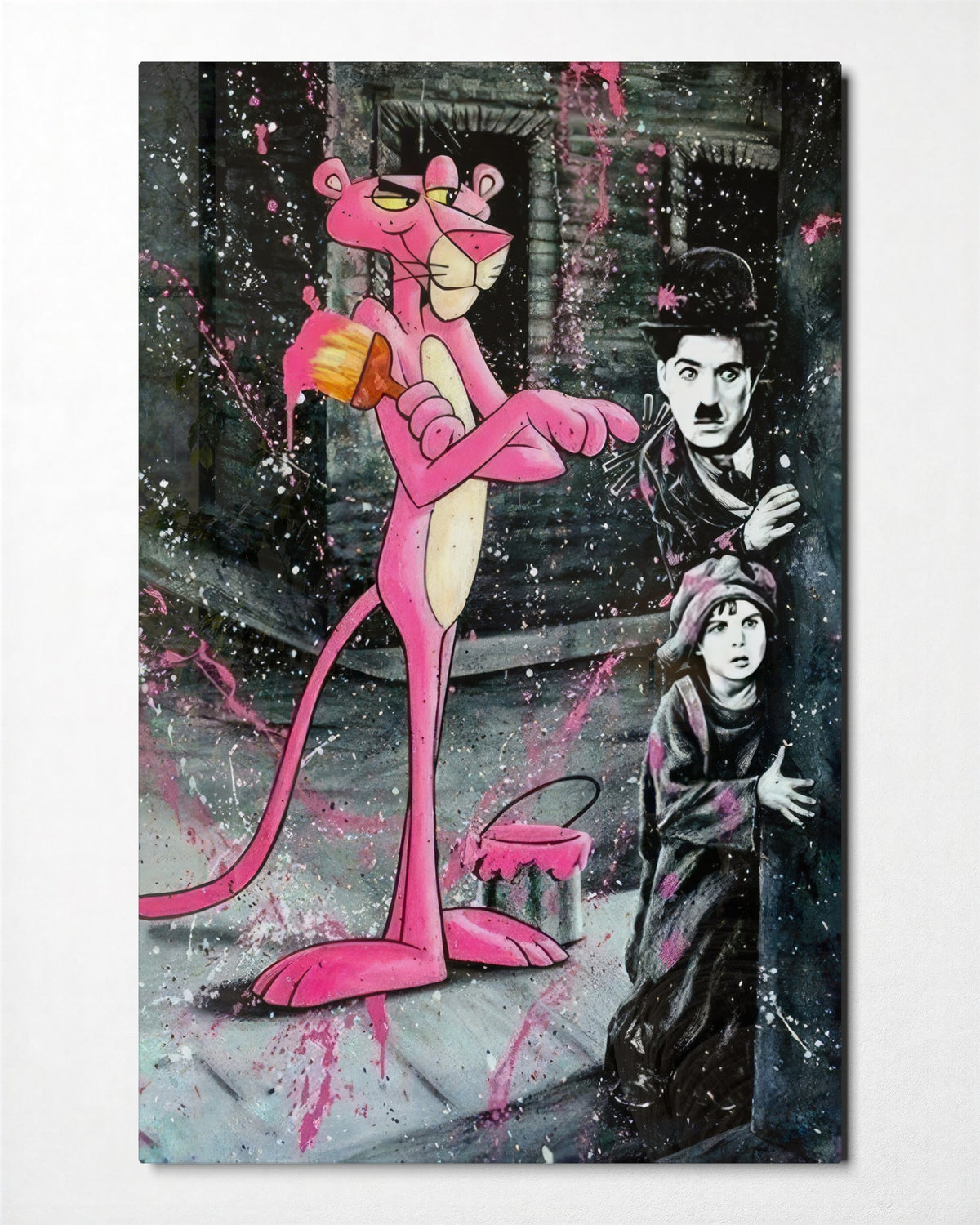 Pink Cat and the Tramp glass wall art, front view