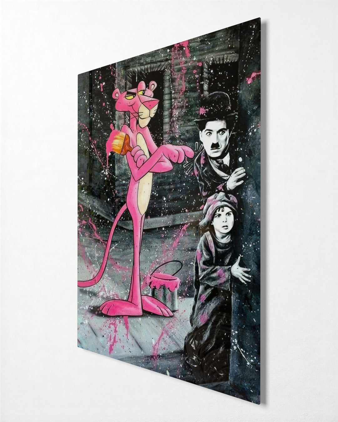 Pink Cat and the Tramp glass wall art, side view