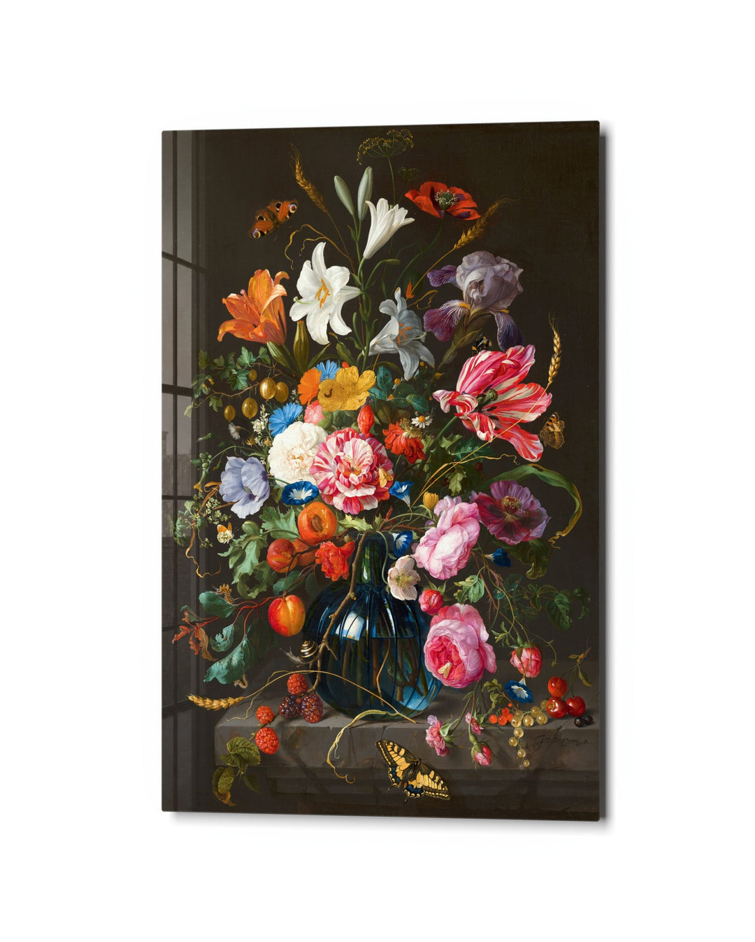 Old-World Bouquet in Bloom glass wall art, studio view