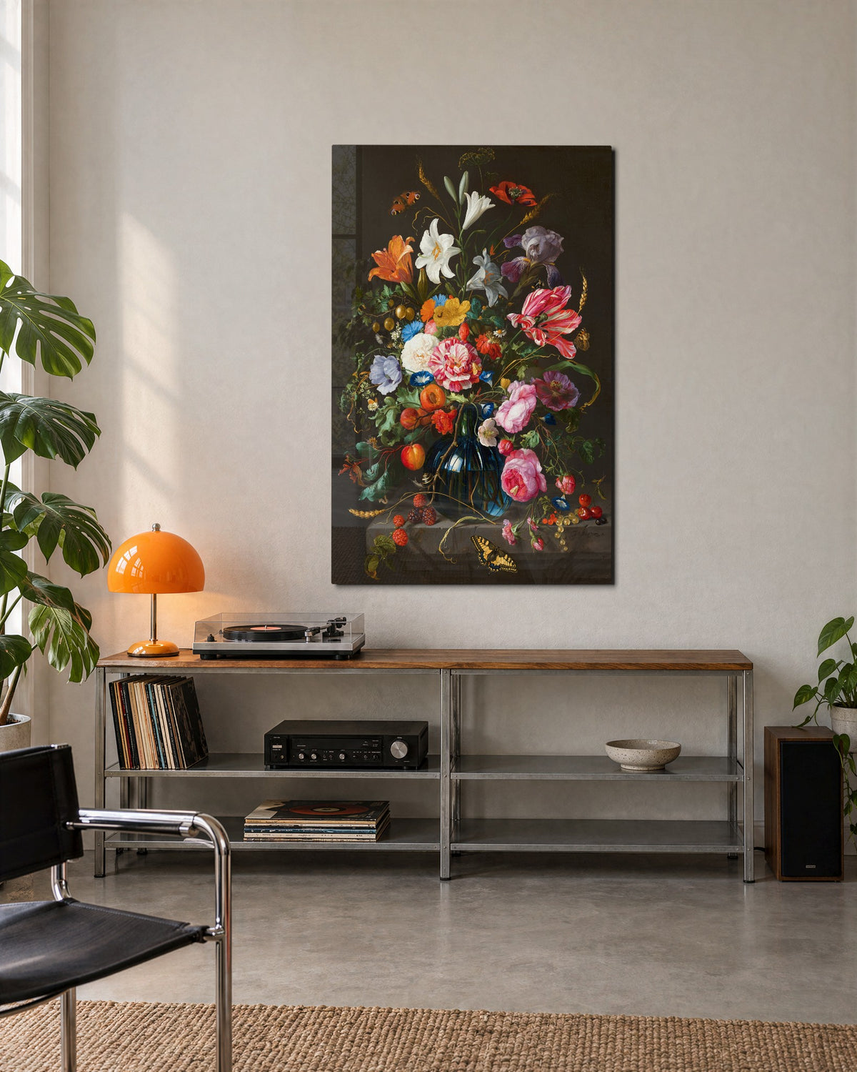 Old-World Bouquet in Bloom glass wall art, lifestyle view