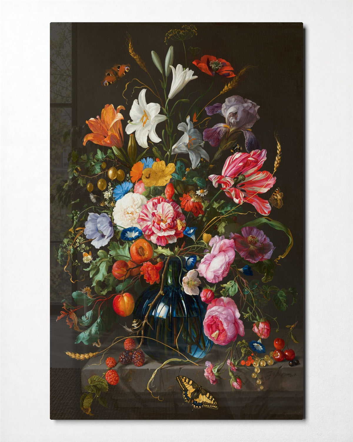 Old-World Bouquet in Bloom glass wall art, front view